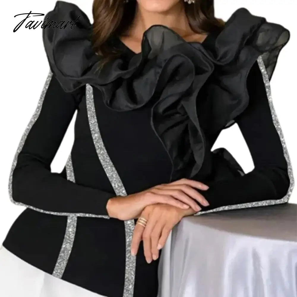 Black Ruffled Hem Round-neck T-shirt for Women Spring and Autumn New Elegant Long Sleeves Slim Fit Pullover Tops