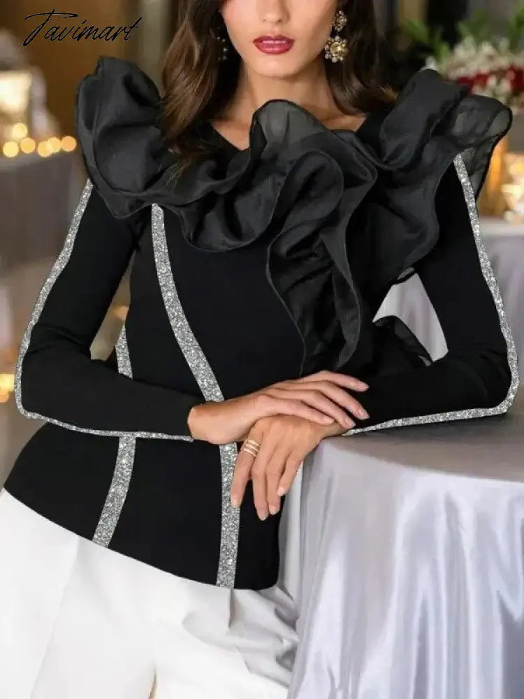 Black Ruffled Hem Round-neck T-shirt for Women Spring and Autumn New Elegant Long Sleeves Slim Fit Pullover Tops