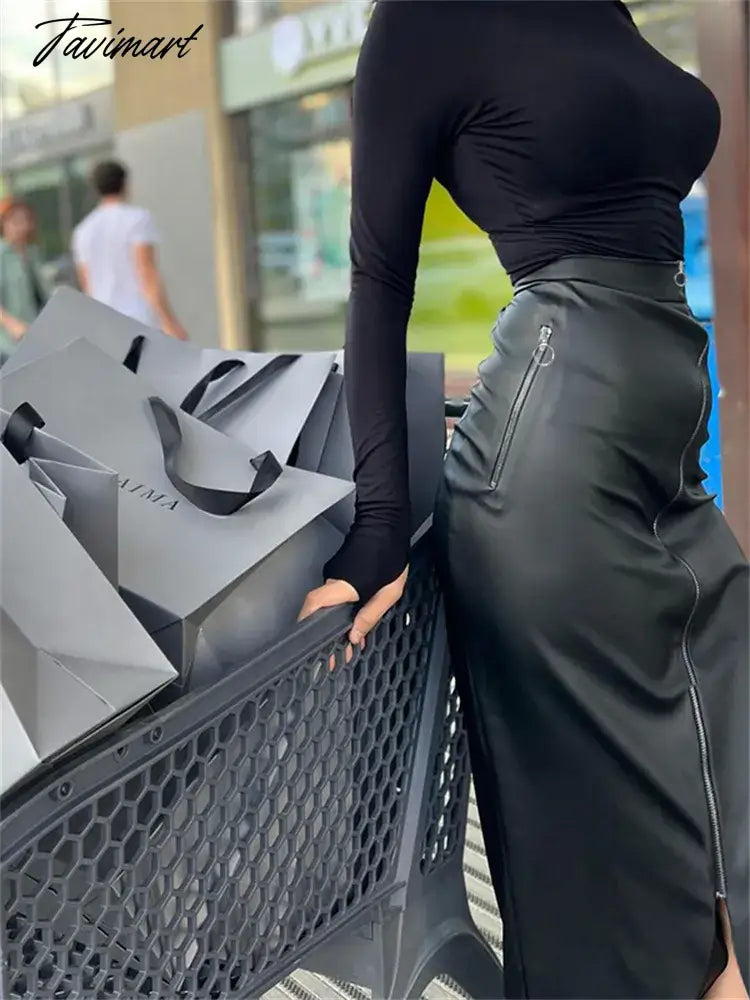 Black Slim PU Long Skirt Women High Waist Fashion Zipper Split Patchwork Maxi Skirt Sexy High Street Female Y2k Long Skirt
