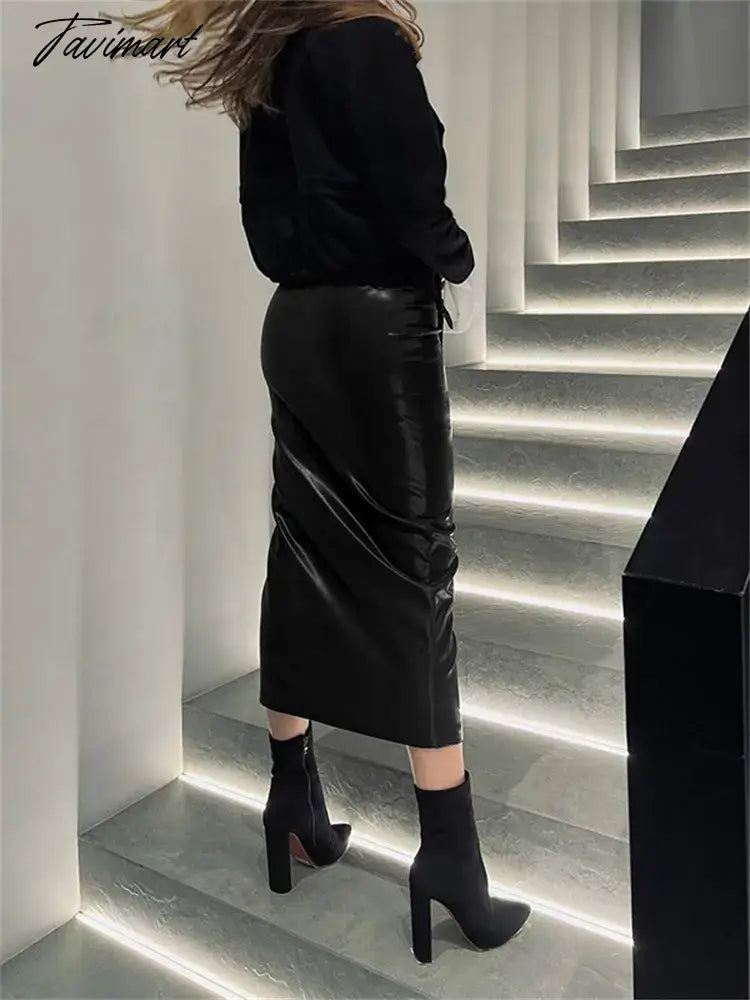 Black Slim PU Long Skirt Women High Waist Fashion Zipper Split Patchwork Maxi Skirt Sexy High Street Female Y2k Long Skirt