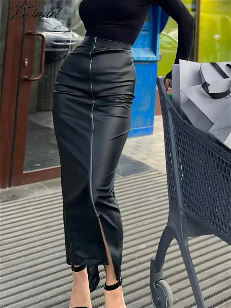 Black Slim PU Long Skirt Women High Waist Fashion Zipper Split Patchwork Maxi Skirt Sexy High Street Female Y2k Long Skirt