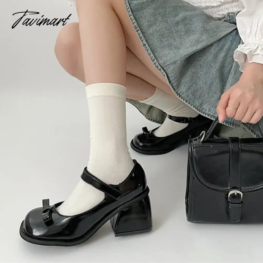 Black Thick Heel Mary Jane Shoes Woman Vintage Bowknot Pu Leather Pumps Woman Round Toe Gothic Lolita Shoes Female