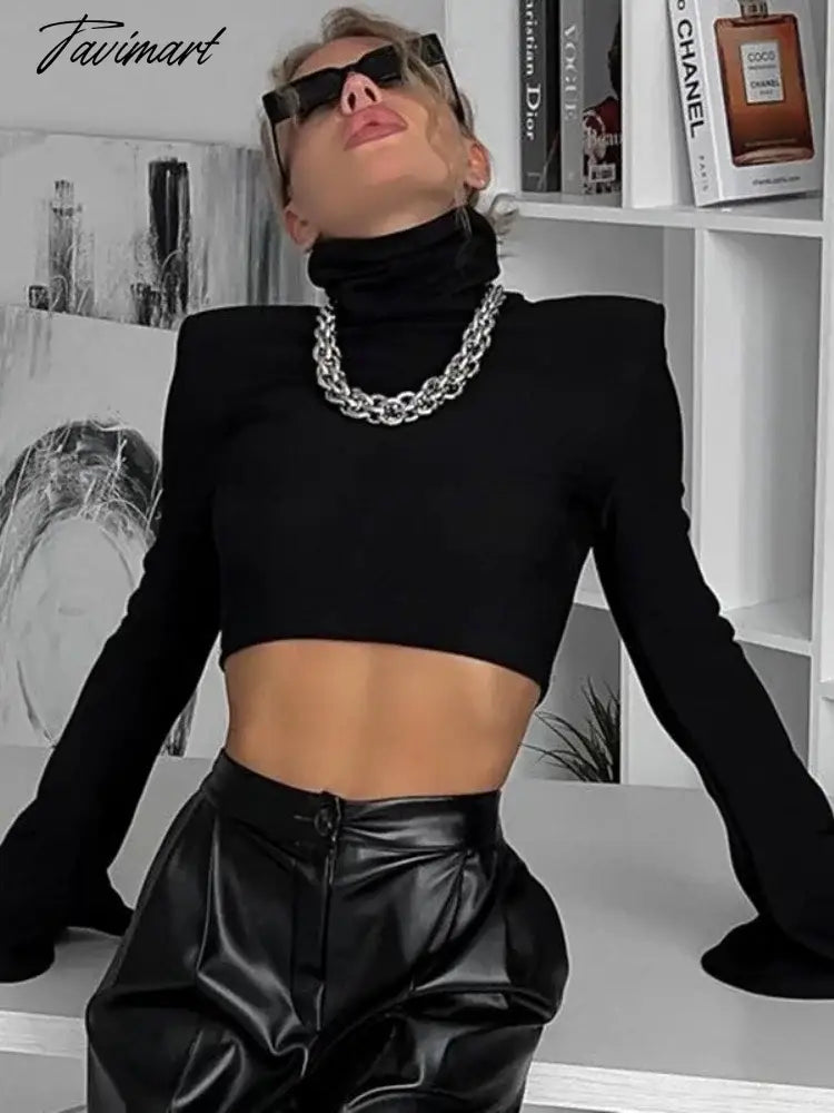 Black Turtleneck Short Tops For Women Clothes Flare Long Sleeve Roupas Femininas Estilosas Slim Patchwork Ropa De Mujer Autumn