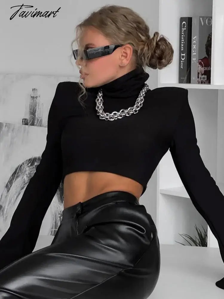 Black Turtleneck Short Tops For Women Clothes Flare Long Sleeve Roupas Femininas Estilosas Slim Patchwork Ropa De Mujer Autumn