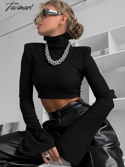 Black Turtleneck Short Tops For Women Clothes Flare Long Sleeve Roupas Femininas Estilosas Slim Patchwork Ropa De Mujer Autumn