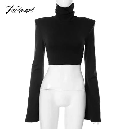 Black Turtleneck Short Tops For Women Clothes Flare Long Sleeve Roupas Femininas Estilosas Slim Patchwork Ropa De Mujer Autumn