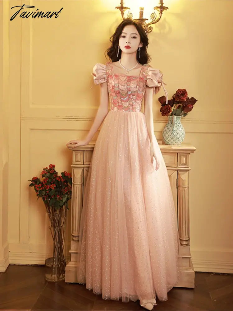 Blingbling Prom Dress Luxury Satin Sequins Sexy Backless Lace Up Bubble Sleeves Square Neck Long Tulle Birthday Party Gowns