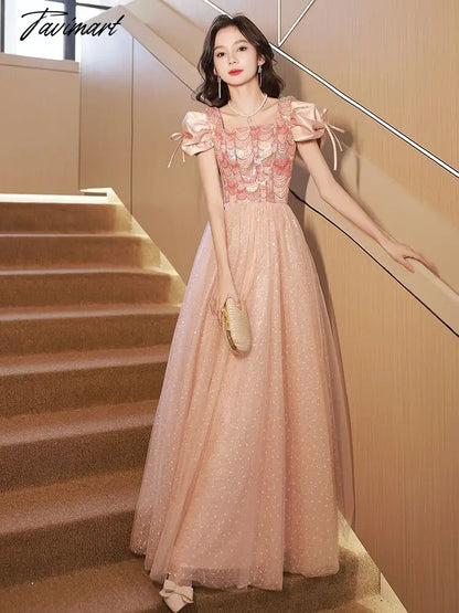 Blingbling Prom Dress Luxury Satin Sequins Sexy Backless Lace Up Bubble Sleeves Square Neck Long Tulle Birthday Party Gowns