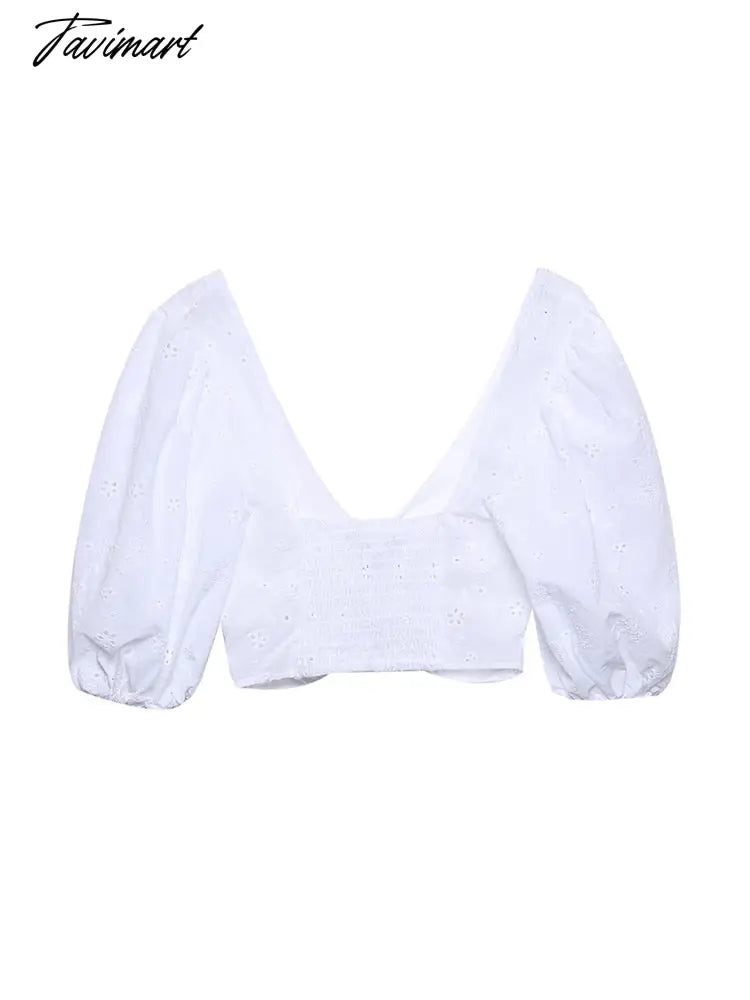Blouses Or Tops For Woman Short Puff Sleeve Top Cotton Blend Cutwork Embroidery White Blouse V Neck Twist Knot Crop Top