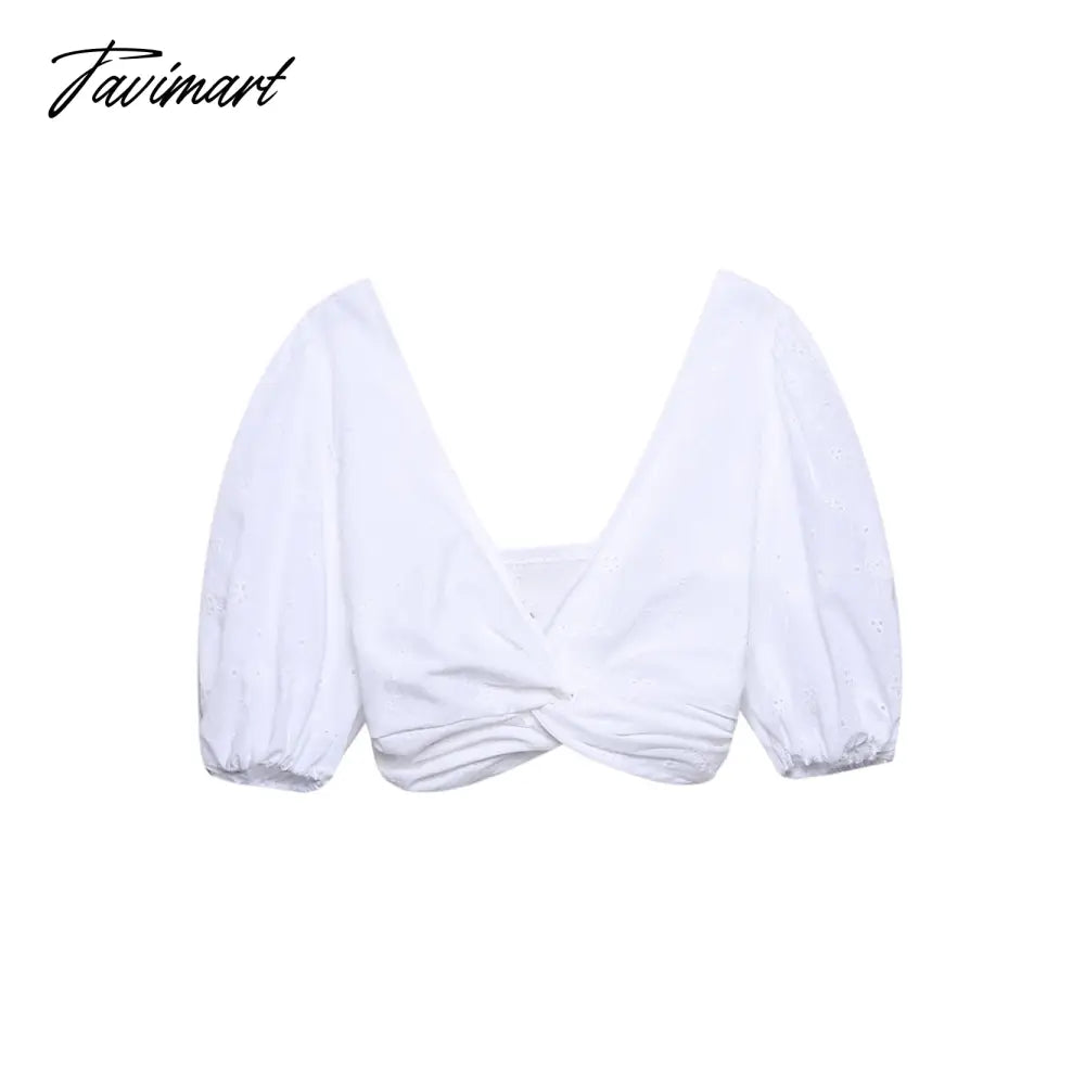 Blouses Or Tops For Woman Short Puff Sleeve Top Cotton Blend Cutwork Embroidery White Blouse V Neck Twist Knot Crop Top