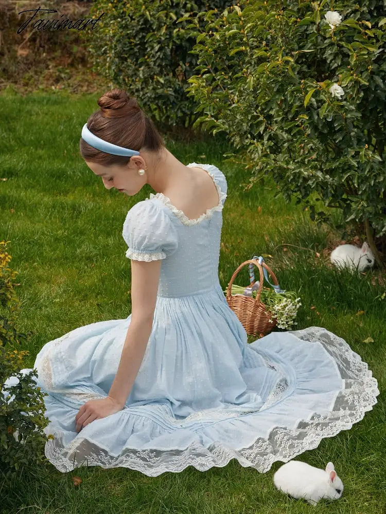 Blue France Vintage Midi Dress Women Lace Elegant Party Princess Dresses Female Spuare Neck Korean Sweet Fairy Dress Summer