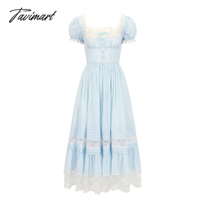 Blue France Vintage Midi Dress Women Lace Elegant Party Princess Dresses Female Spuare Neck Korean Sweet Fairy Dress Summer