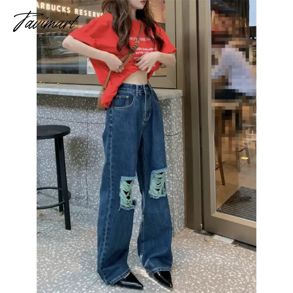 Blue Jeans Women Vintage Worn-out Y2K Style American Streetwear Wide Leg Pants Fashion Straight NEW Summer Female Trouser