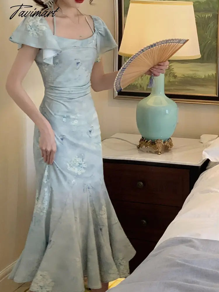Blue Print French Vintage Dress Women Sweet Elegant Evening Party Midi Dress Female Korean Fashion Fairy Fishtail Dress New