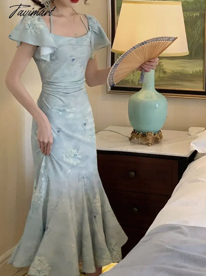 Blue Print French Vintage Dress Women Sweet Elegant Evening Party Midi Dress Female Korean Fashion Fairy Fishtail Dress New