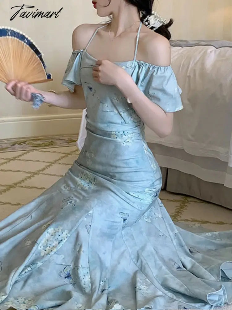 Blue Print French Vintage Dress Women Sweet Elegant Evening Party Midi Dress Female Korean Fashion Fairy Fishtail Dress New