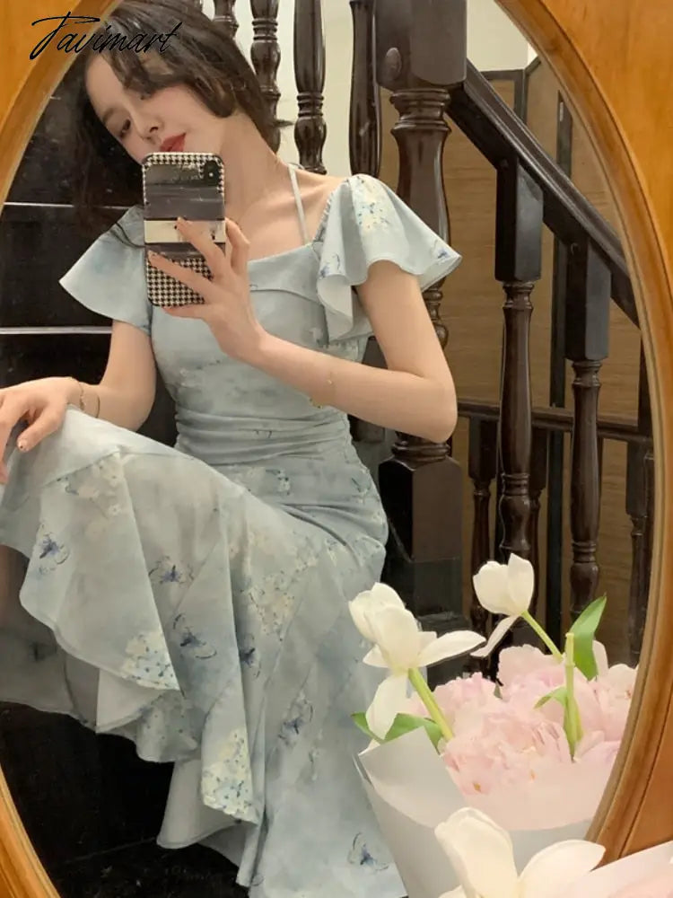 Blue Print French Vintage Dress Women Sweet Elegant Evening Party Midi Dress Female Korean Fashion Fairy Fishtail Dress New