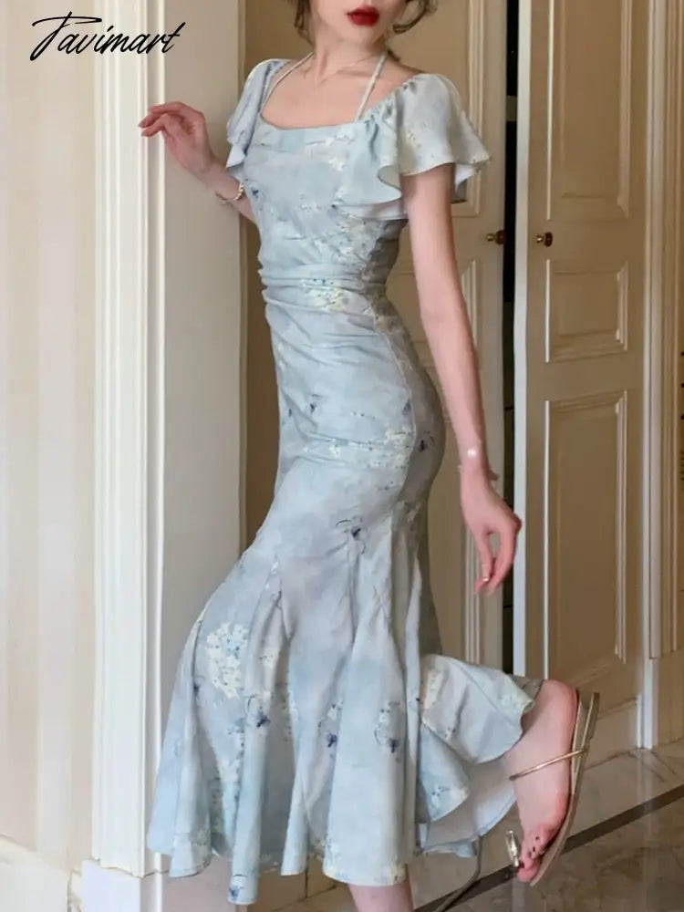 Blue Print French Vintage Dress Women Sweet Elegant Evening Party Midi Dress Female Korean Fashion Fairy Fishtail Dress New