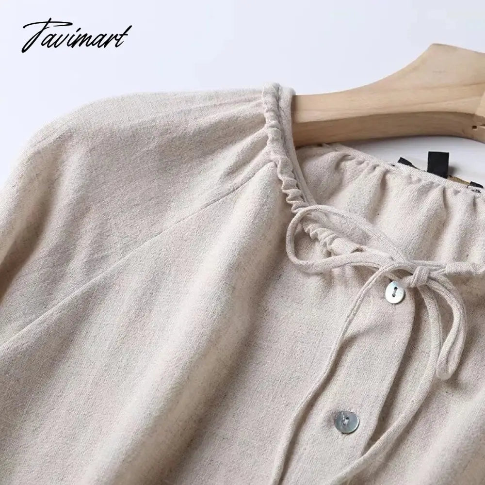Blusas Mujer De Moda Indie Folk Vintage Bandage Linen Casual Blouse Women England Fashion Simple Shirt Women Tops