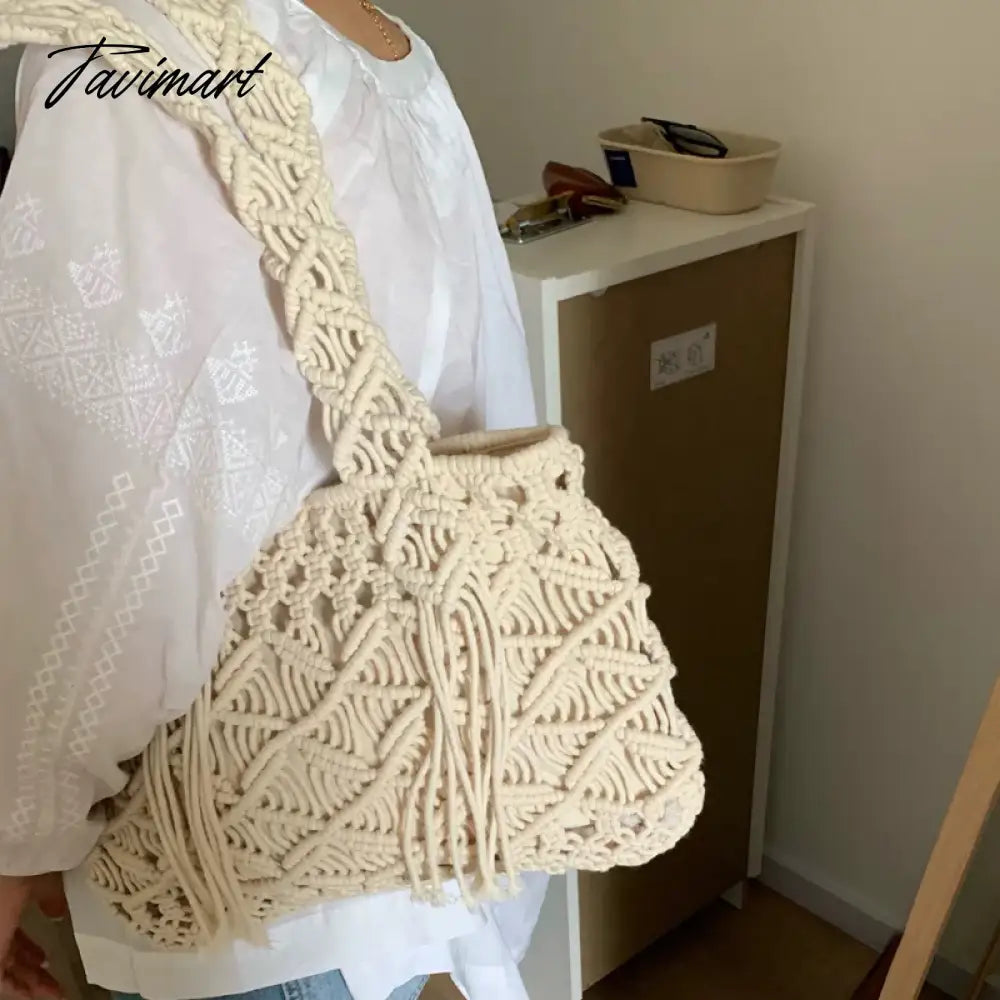 Bohemian Tote Bags For Women Luxury Designer Handbags Purses New In Cotton Rope Hand Cross Weave Hollow Out Tassel Shoulder