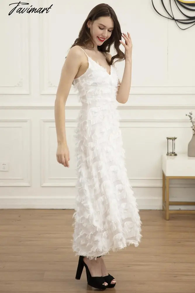 BoozRey White Sling Sexy Light Luxury Evening Dress Female New Style European and American Halter Feather Lace Party Long Dress