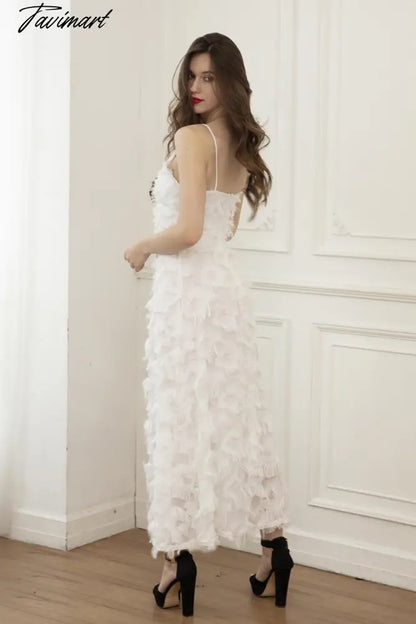 BoozRey White Sling Sexy Light Luxury Evening Dress Female New Style European and American Halter Feather Lace Party Long Dress