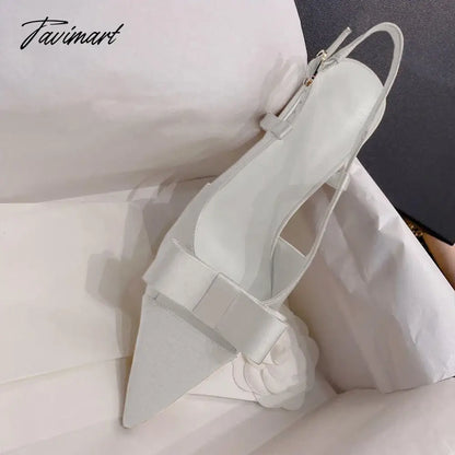 Bow Knot Hollow out High Heels New French Style Celebrity Pointed Thin Heels Silk Wrap Head Sandals