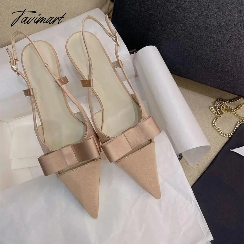 Bow Knot Hollow out High Heels New French Style Celebrity Pointed Thin Heels Silk Wrap Head Sandals