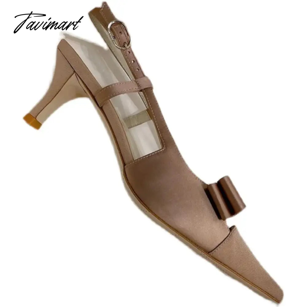Bow Knot Hollow out High Heels New French Style Celebrity Pointed Thin Heels Silk Wrap Head Sandals