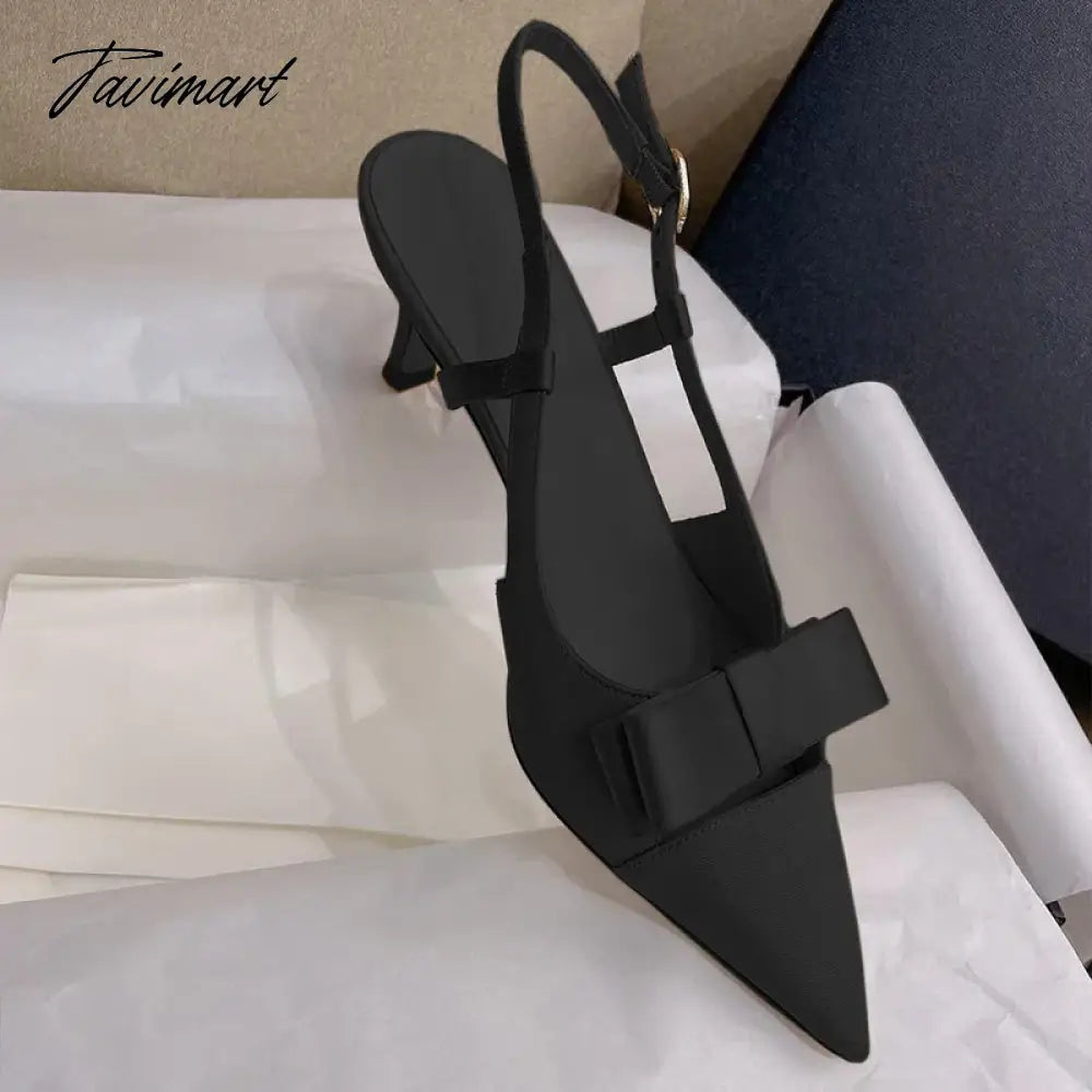 Bow Knot Hollow out High Heels New French Style Celebrity Pointed Thin Heels Silk Wrap Head Sandals
