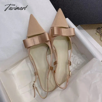 Bow Knot Hollow out High Heels New French Style Celebrity Pointed Thin Heels Silk Wrap Head Sandals