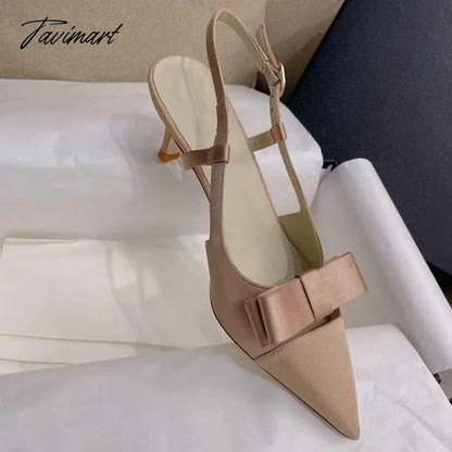 Bow Knot Hollow out High Heels New French Style Celebrity Pointed Thin Heels Silk Wrap Head Sandals