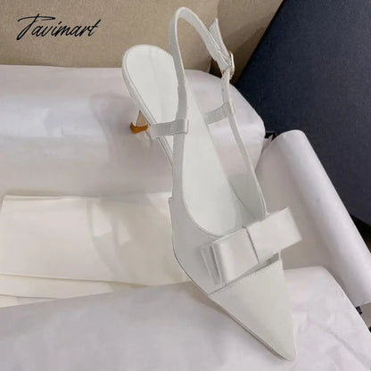 Bow Knot Hollow out High Heels New French Style Celebrity Pointed Thin Heels Silk Wrap Head Sandals