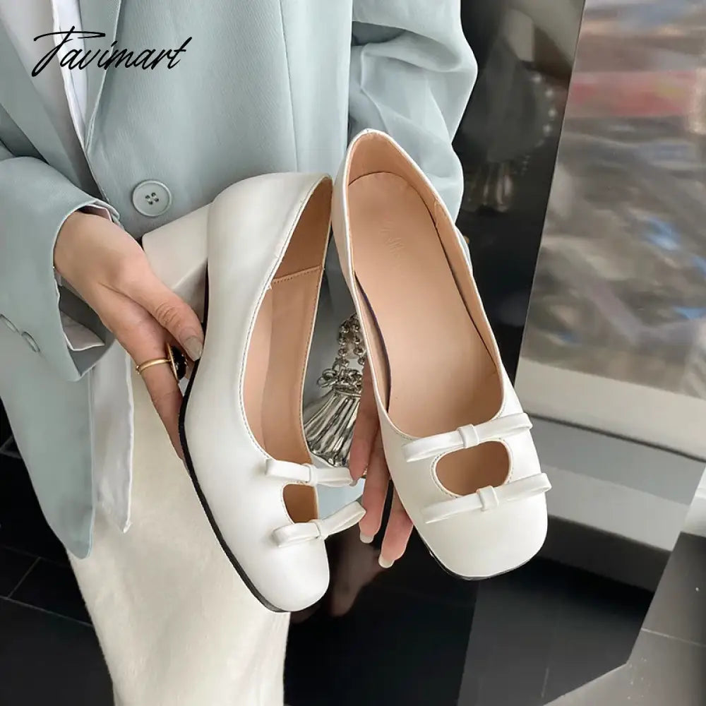 Bow knot square toe thick heel Mary Jane shoes women's shallow mouth girls French all-match patent leather ballet shoes