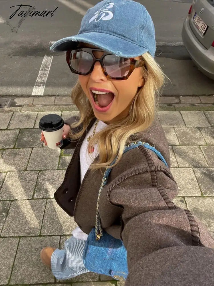 Brown Cropped Woolen Cardigan Jackets Women V Neck Long Seeve Warm Button Coat Autumn Winter New Lady Commuter Outwears