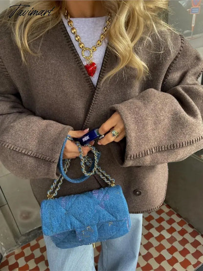 Brown Cropped Woolen Cardigan Jackets Women V Neck Long Seeve Warm Button Coat Autumn Winter New Lady Commuter Outwears