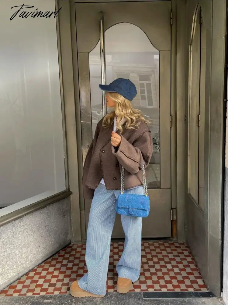 Brown Cropped Woolen Cardigan Jackets Women V Neck Long Seeve Warm Button Coat Autumn Winter New Lady Commuter Outwears