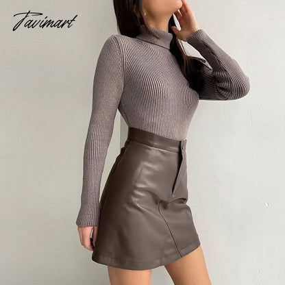 Brown skirt female leather skirt pencil skirt office autumn and winter street fashion high waist black sexy tight PU short skirt
