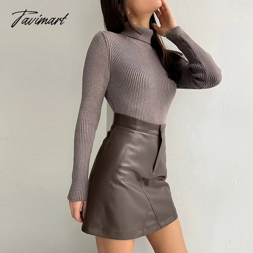 Brown skirt female leather skirt pencil skirt office autumn and winter street fashion high waist black sexy tight PU short skirt