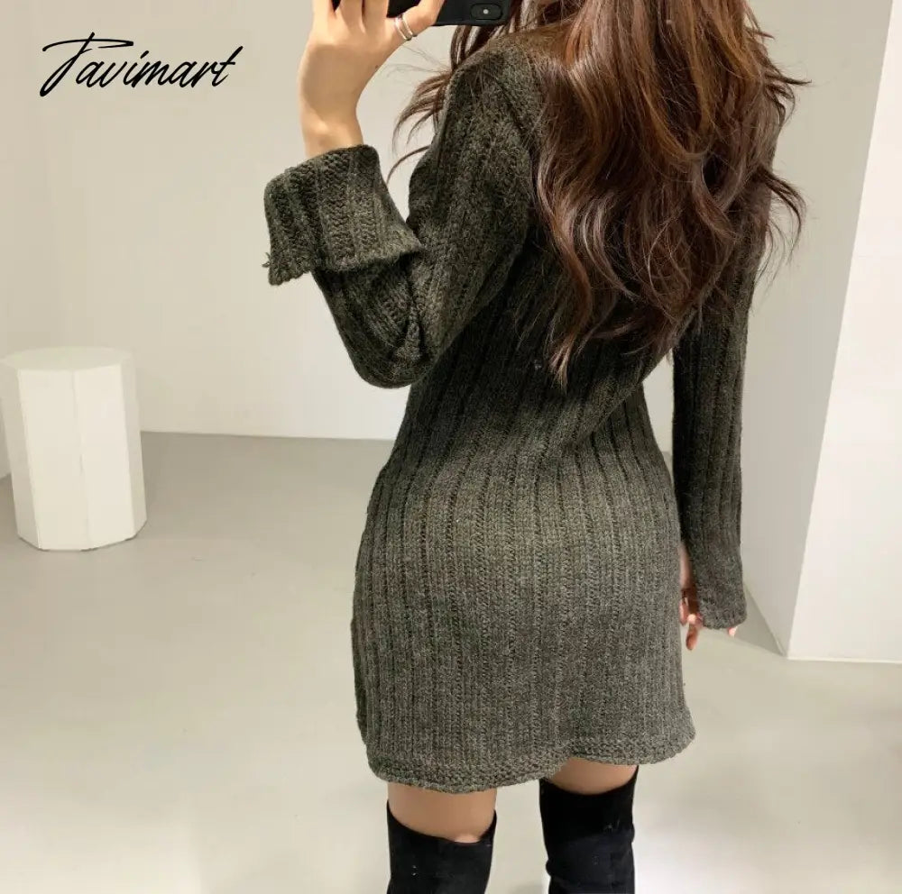 Button Knitted Sweater V-Neck Single Breasted Party Sexy Mini Dress Women Long Sleeve Casual Dresses Korean Autumn Winter