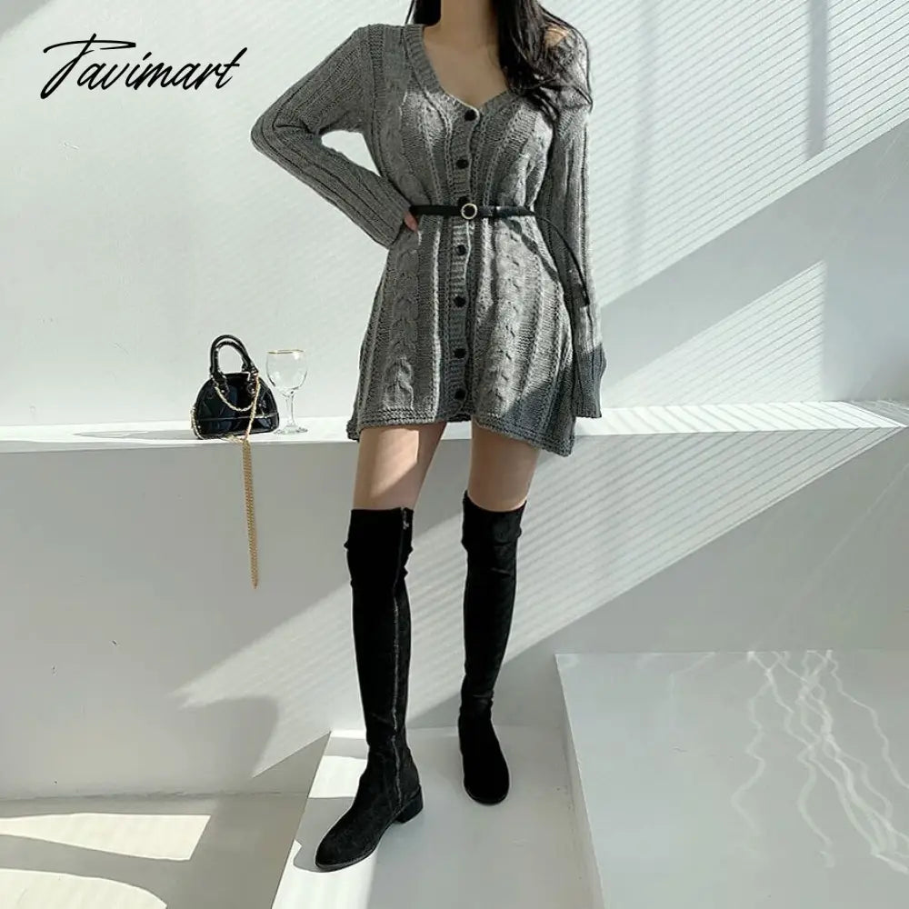 Button Knitted Sweater V-Neck Single Breasted Party Sexy Mini Dress Women Long Sleeve Casual Dresses Korean Autumn Winter