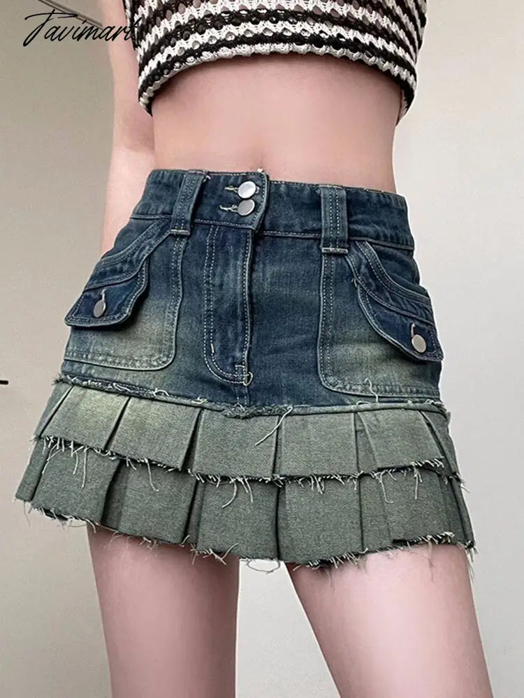 Button Zipper Denim Skirt Women Double Stitching Pocket Pleated Skirt Ladies Workwear High Waist Mini Skirts For Woman