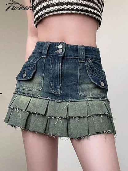 Button Zipper Denim Skirt Women Double Stitching Pocket Pleated Skirt Ladies Workwear High Waist Mini Skirts For Woman