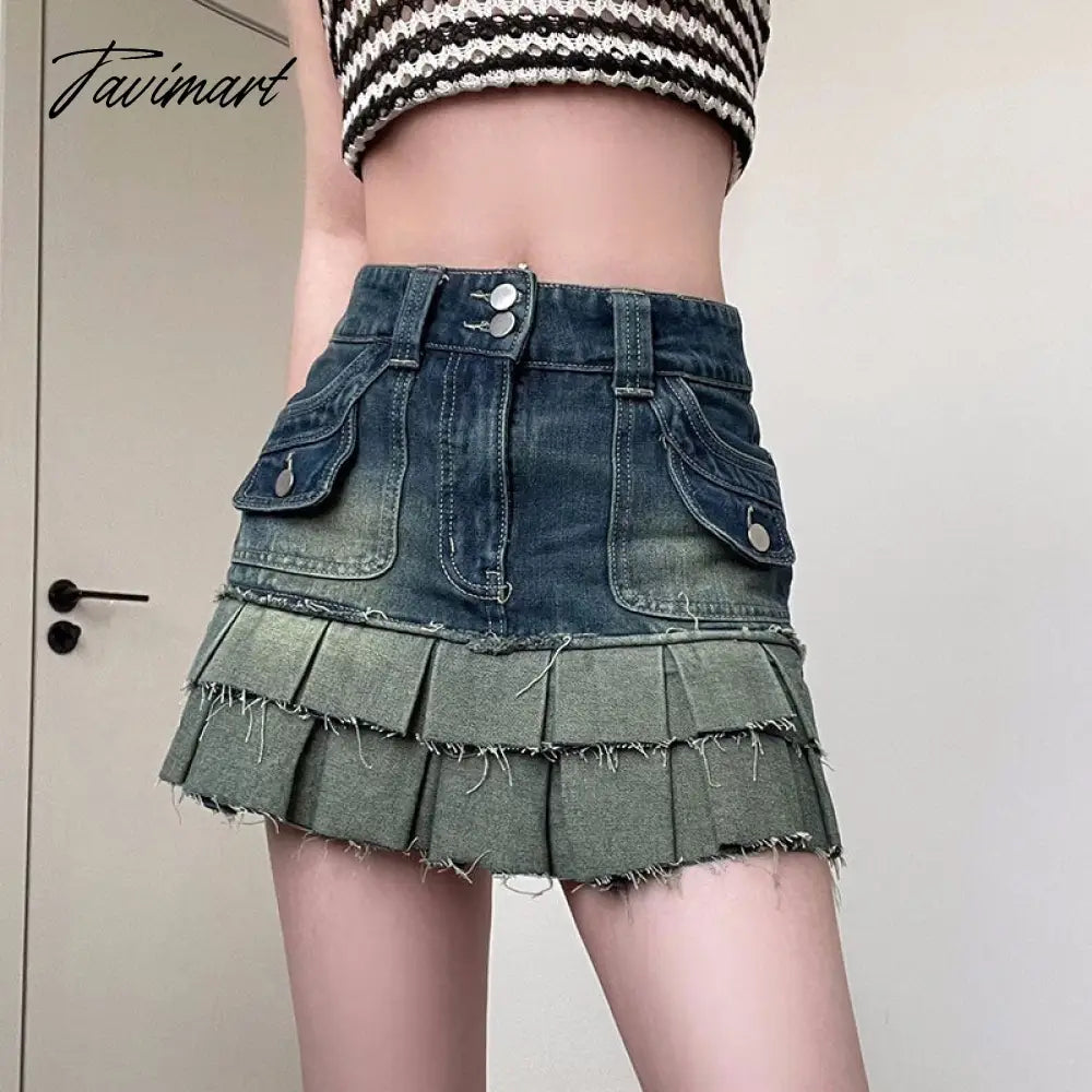 Button Zipper Denim Skirt Women Double Stitching Pocket Pleated Skirt Ladies Workwear High Waist Mini Skirts For Woman