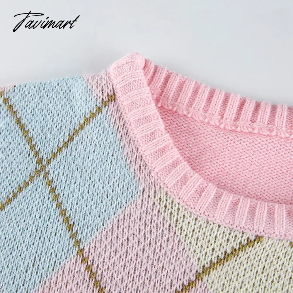 Casual Argyle Round Neck Long Sleeve Patchwork Knitted свитер женский Fall Winter Clothes Women Sweet Pullover Tops