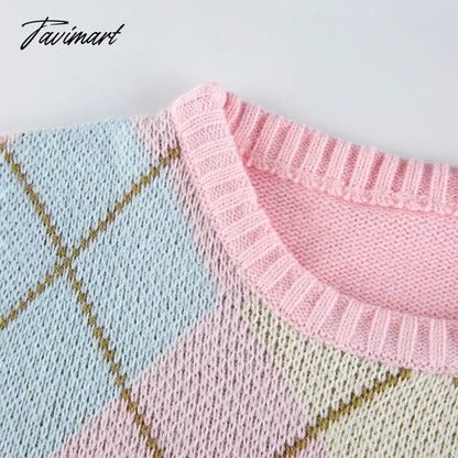 Casual Argyle Round Neck Long Sleeve Patchwork Knitted свитер женский Fall Winter Clothes Women Sweet Pullover Tops