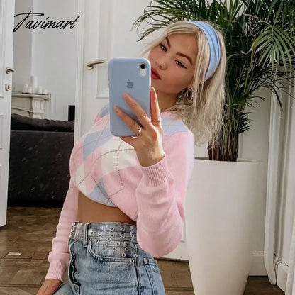 Casual Argyle Round Neck Long Sleeve Patchwork Knitted свитер женский Fall Winter Clothes Women Sweet Pullover Tops