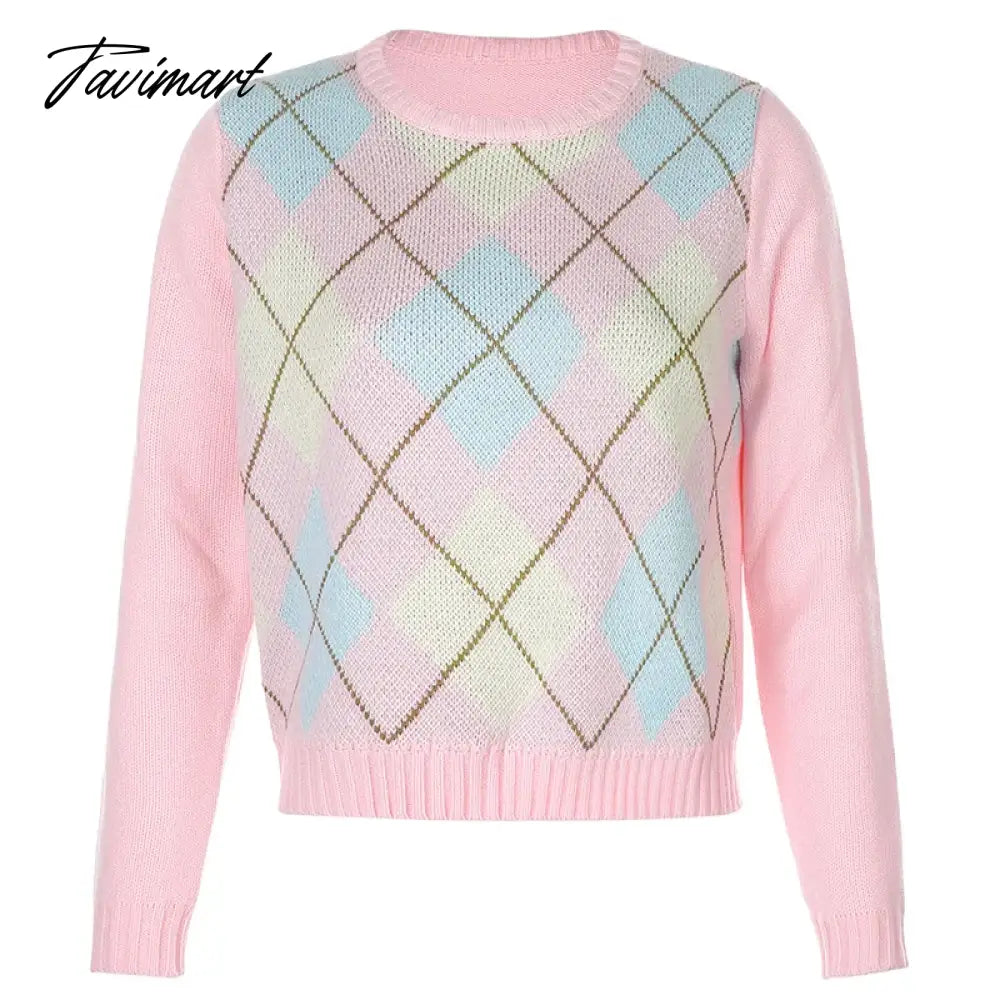 Casual Argyle Round Neck Long Sleeve Patchwork Knitted свитер женский Fall Winter Clothes Women Sweet Pullover Tops