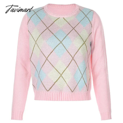 Casual Argyle Round Neck Long Sleeve Patchwork Knitted свитер женский Fall Winter Clothes Women Sweet Pullover Tops