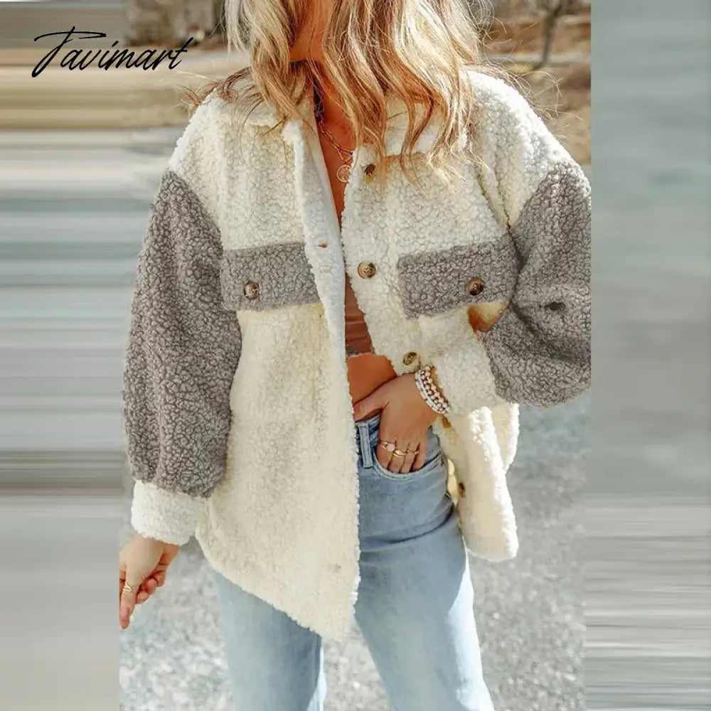 Casual Autumn Winter Women Plush Jackets Coat Elegant Long Sleeve Button Fashion Outwear Turn Down Collar Loose Coats